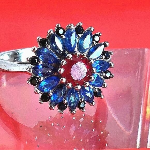 925 Sterling Silver Ring Sz 6.75 with Natural Ruby, Sappphire, Spinel - Picture 1 of 10